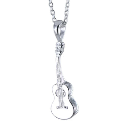 Silver guitar-shaped pendant on a chain against a white background