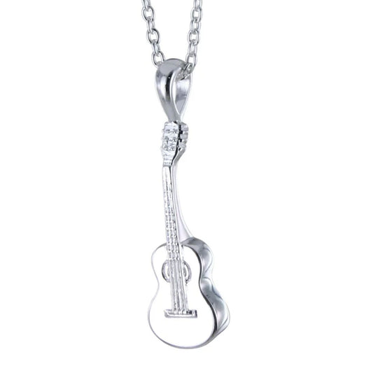 Silver guitar-shaped pendant on a chain against a white background