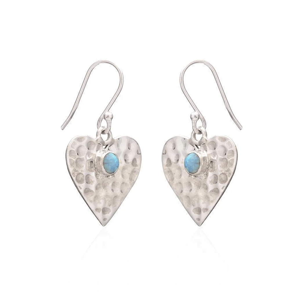 Blue Opal Hammered Heart Sterling Silver Earrings - Cotswold Jewellery