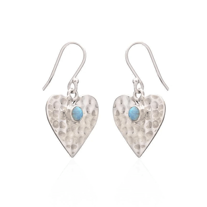 Blue Opal Hammered Heart Sterling Silver Earrings