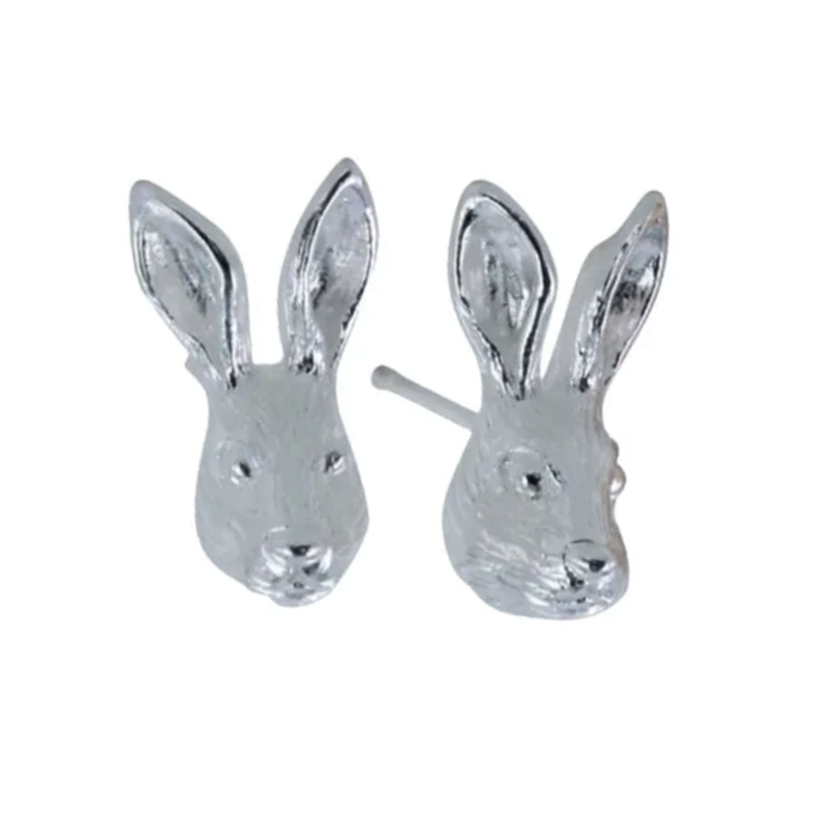 A pair of silver bunny stud earrings with textured fur details and upright ears, shown on a plain white background.