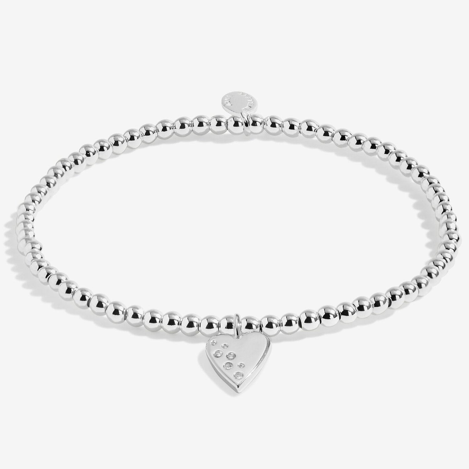 Silver beaded bracelet with a heart-shaped clasp on a white background