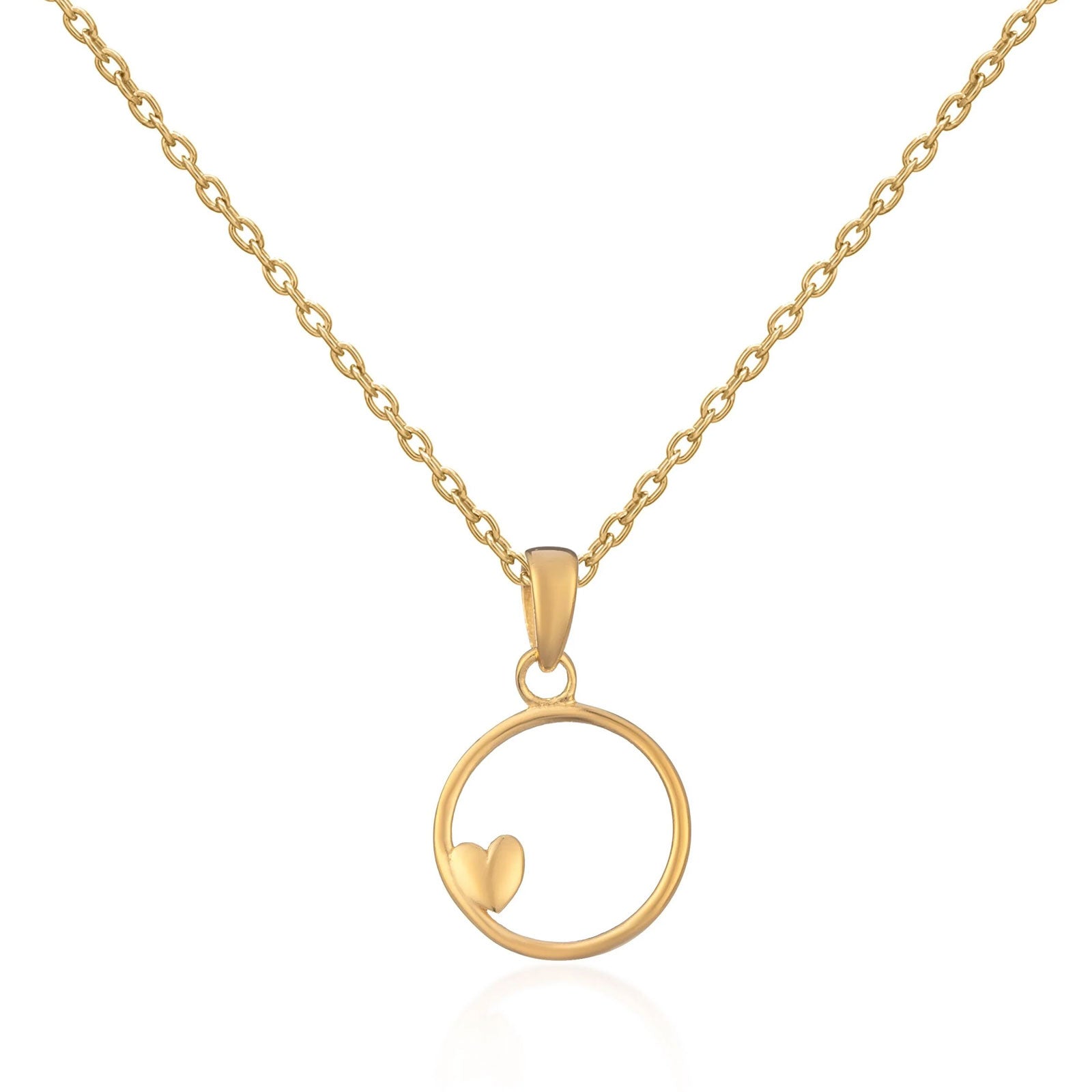 Gold necklace with a heart-shaped pendant on a white background