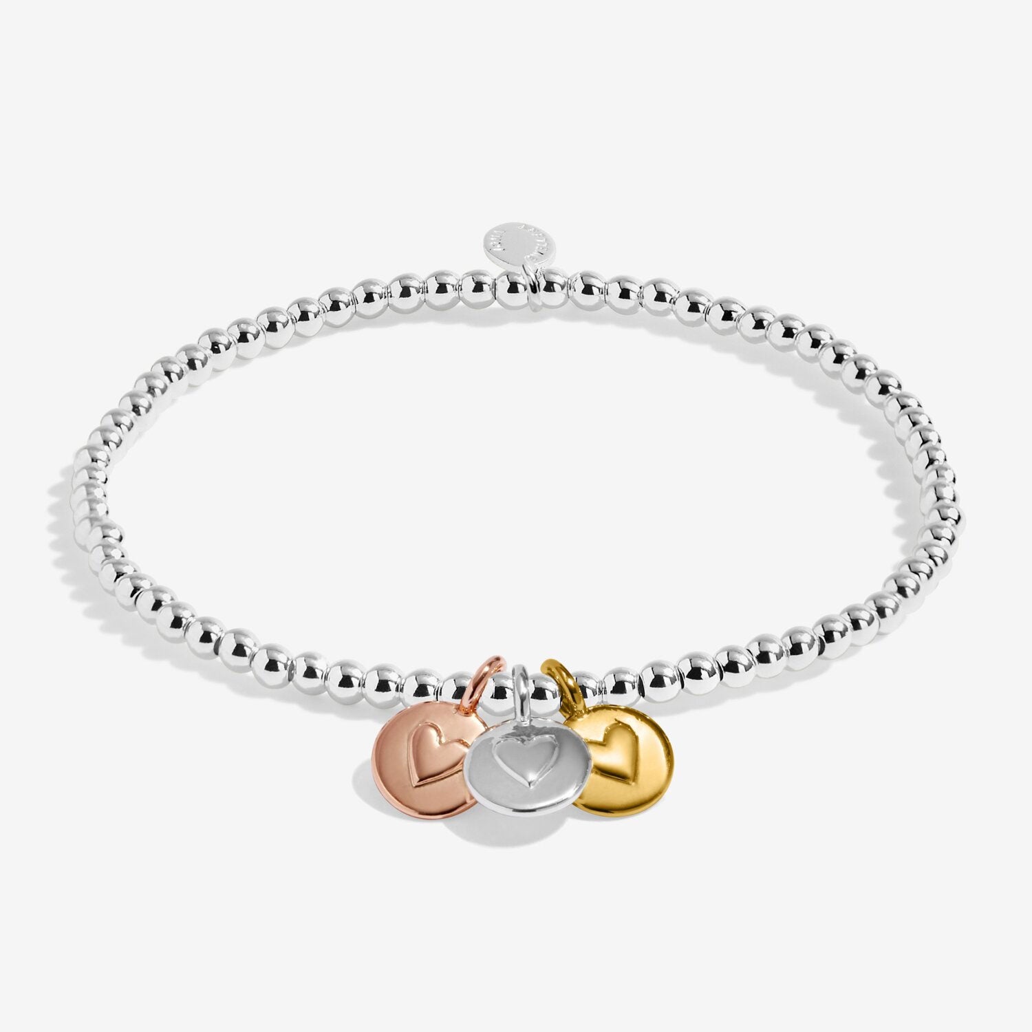 Silver bracelet with heart-shaped charms on a white background