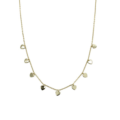 Gold necklace with heart-shaped pendants on a white background