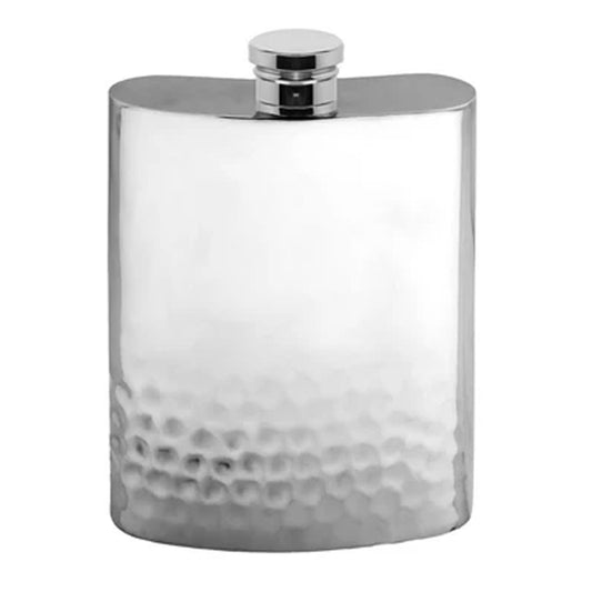 Silver hip flask with textured body and shiny cap on a white background