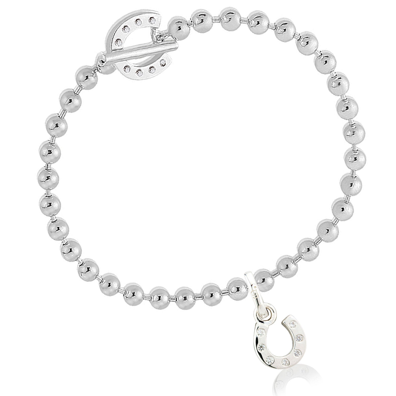 Silver beaded bracelet with a clasp on a white background