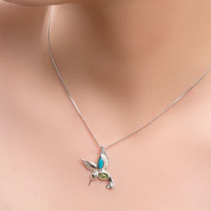 Hummingbird Silver Green Amber & Turquoise Stone Necklace - Cotswold Jewellery
