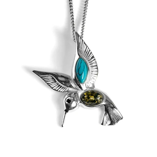 Hummingbird Silver Green Amber & Turquoise Stone Necklace - Cotswold Jewellery