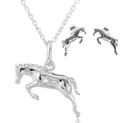 jumping horse necklace and earrings on white background