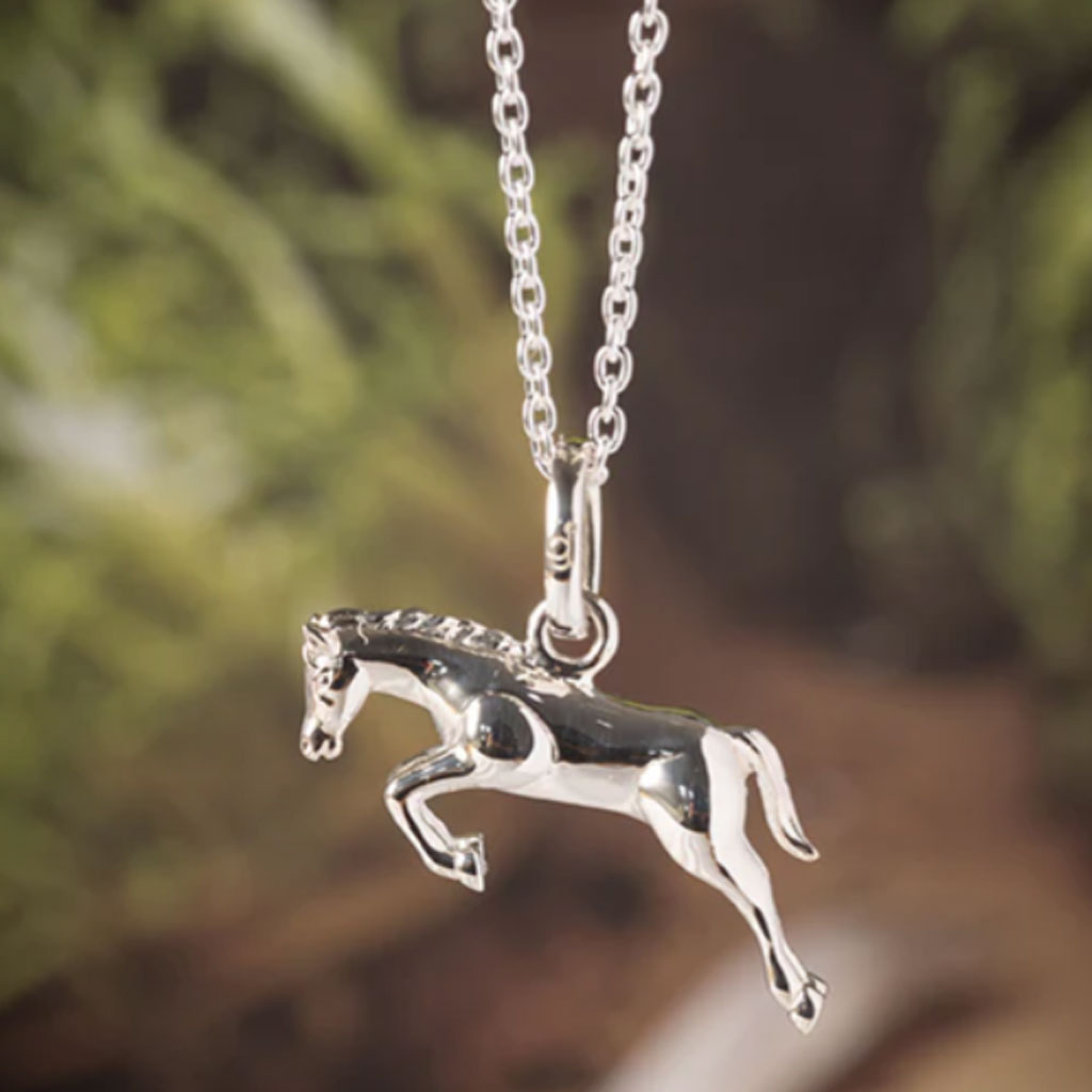 Silver horse pendant necklace against a blurred natural background