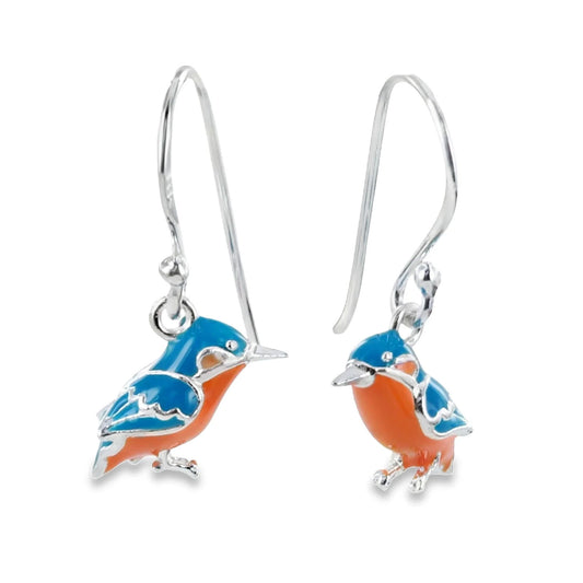 A pair of silver fishhook drop earrings featuring small bird charms with bright blue wings and orange bellies, shown on a plain white background.