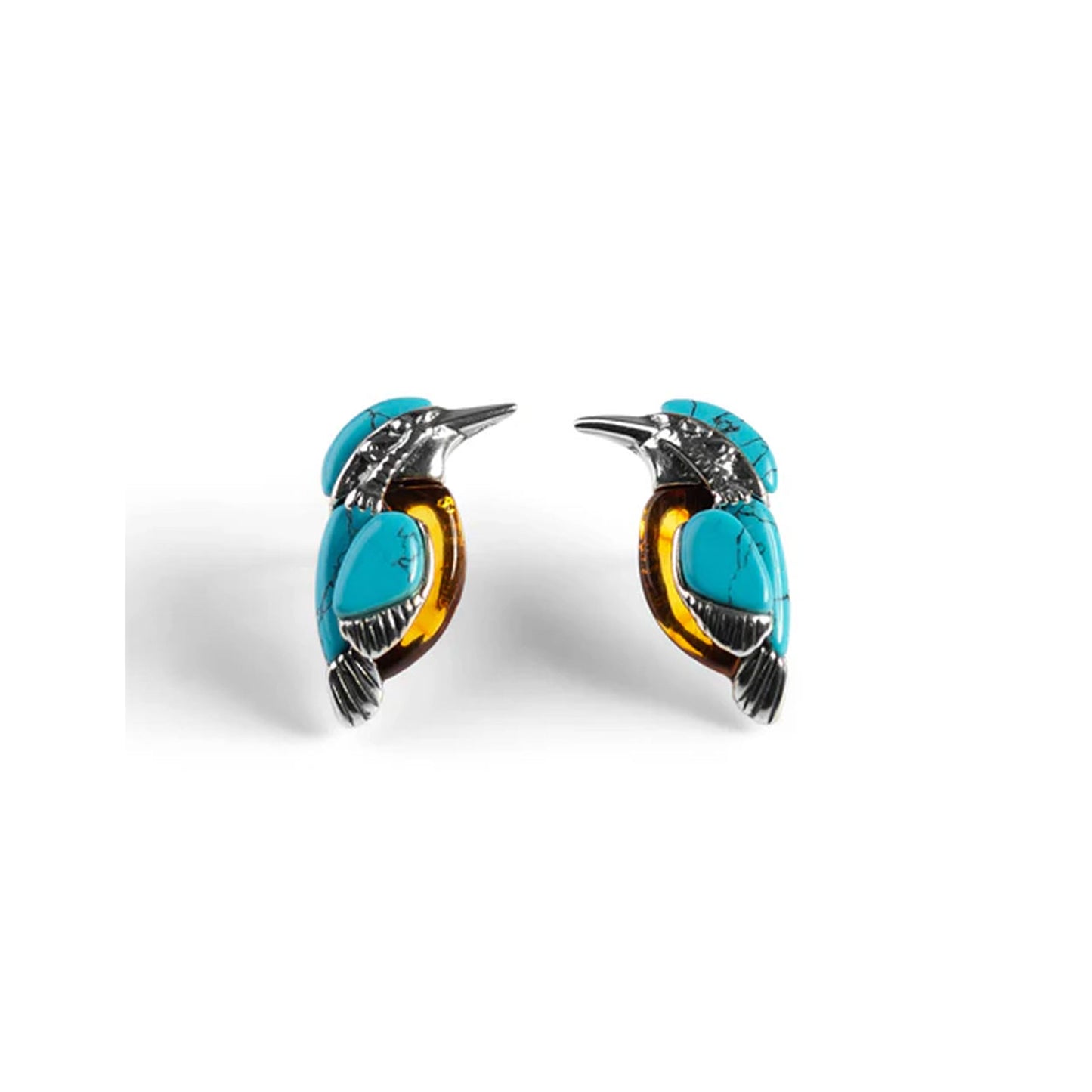 Pair of bird-shaped earrings with turquoise and yellow design on a white background