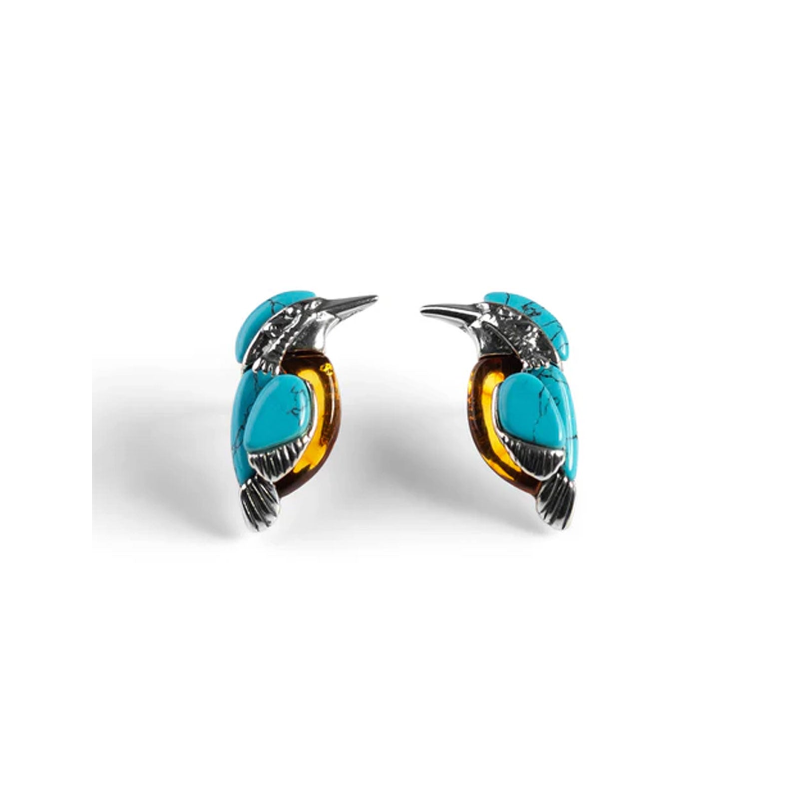 Pair of bird-shaped earrings with turquoise and yellow design on a white background