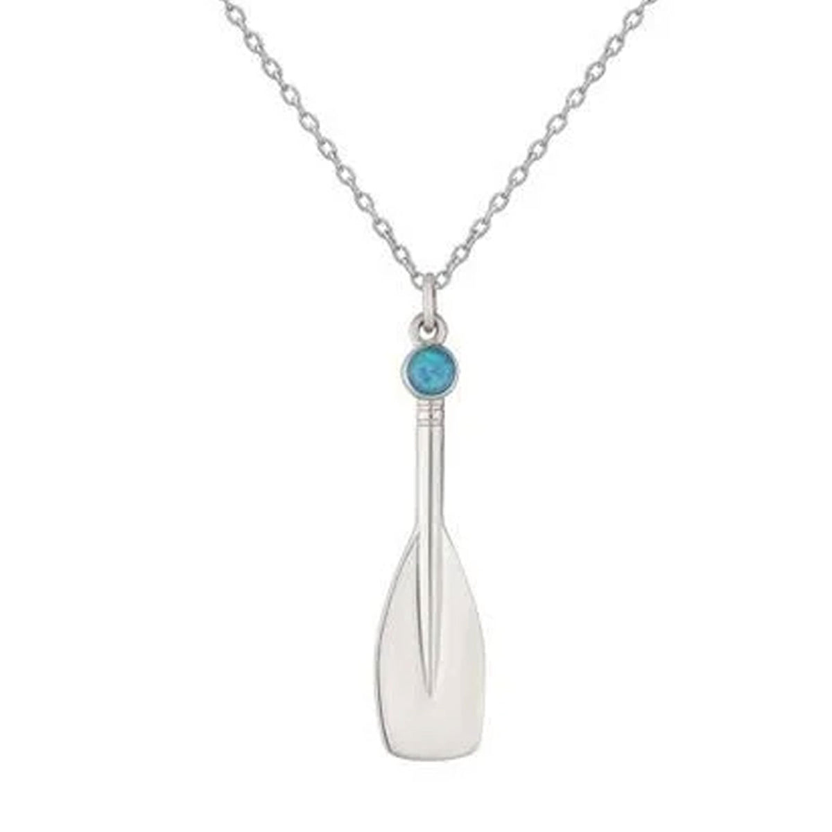 A silver pendant necklace shaped like an oar, featuring a small round turquoise-blue stone at the top, shown on a white background.