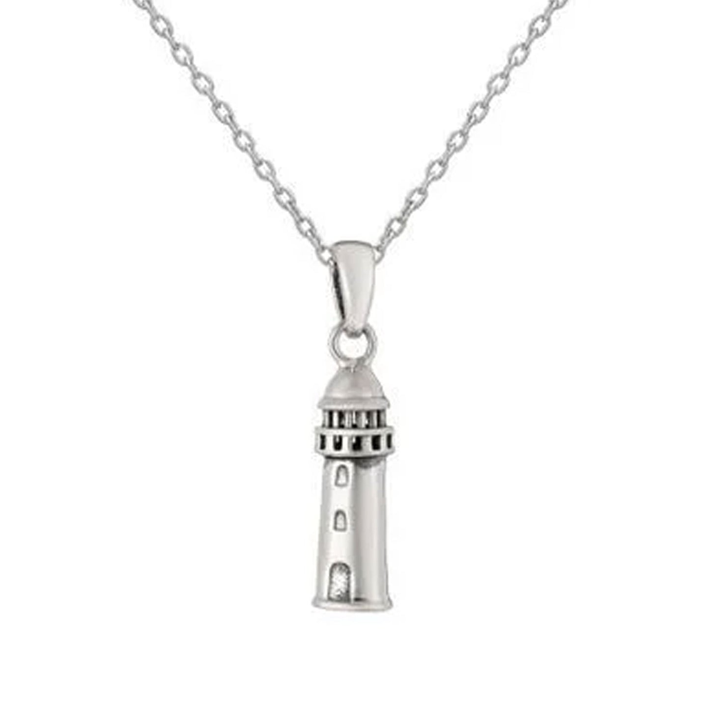 A sterling silver lighthouse pendant necklace on a delicate silver chain, shown against a plain white background.
