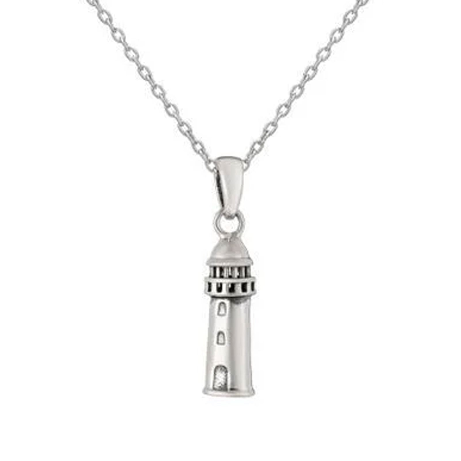 A sterling silver lighthouse pendant necklace on a delicate silver chain, shown against a plain white background.