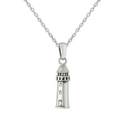A sterling silver lighthouse pendant necklace on a delicate silver chain, shown against a plain white background.
