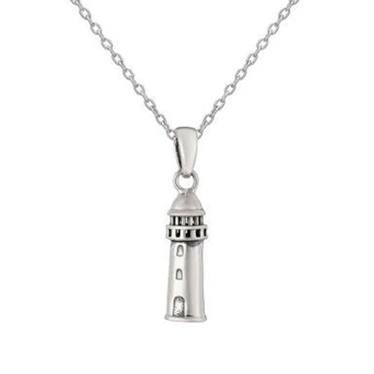 A sterling silver lighthouse pendant necklace on a delicate silver chain, shown against a plain white background.