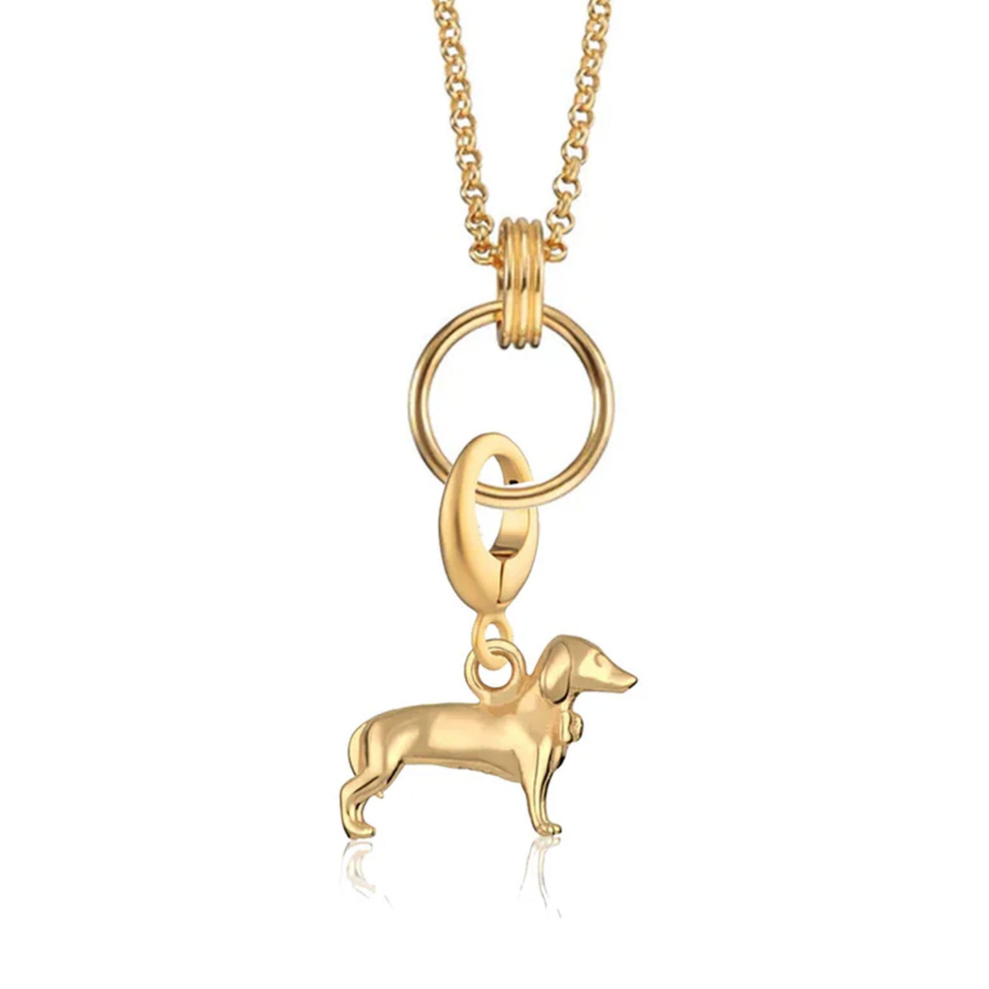 Gold dog-shaped pendant on a chain against a white background