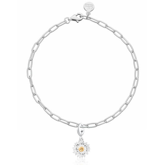 Silver chain bracelet with a sunflower charm on a white background