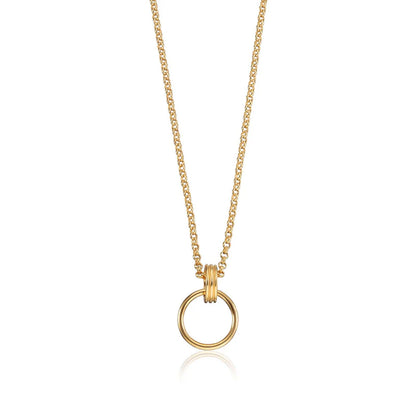 Gold necklace with a small ring pendant on a white background