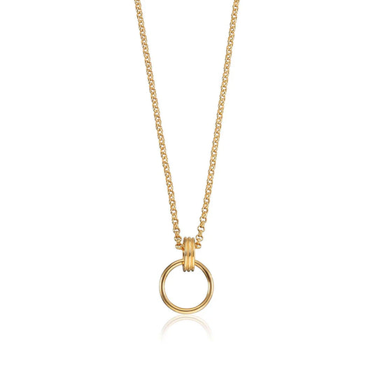 Gold necklace with a small ring pendant on a white background