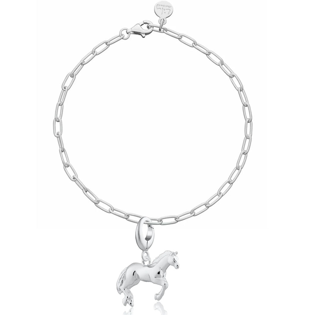 Silver bracelet with a horse charm on a white background