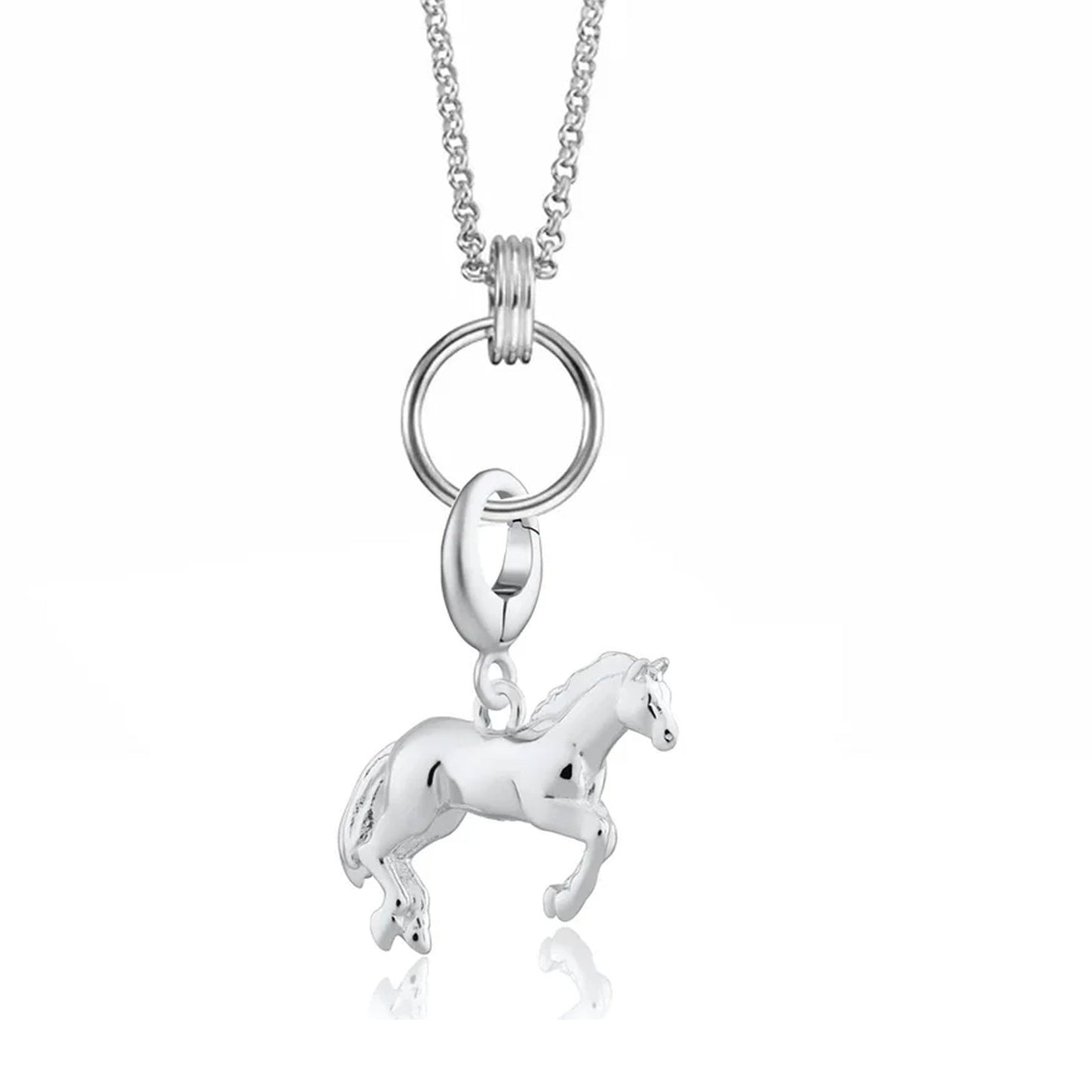 Silver horse pendant on a chain against a white background