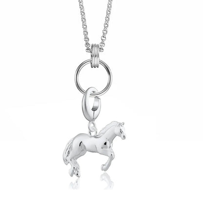 Silver horse pendant on a chain against a white background