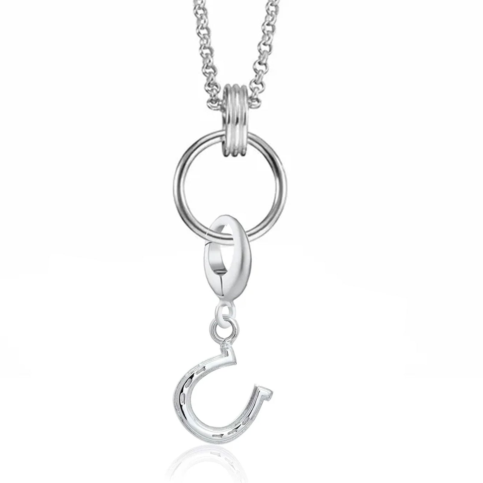 Silver necklace with a horseshoe pendant on a white background