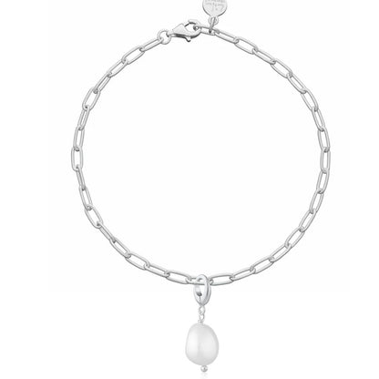Silver chain bracelet with a pearl pendant on a white background