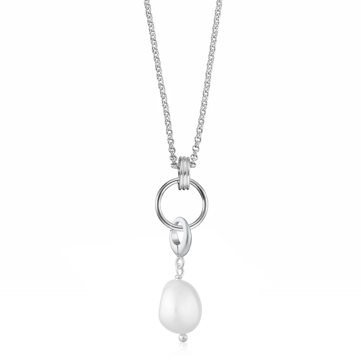 Silver necklace with a pearl pendant on a white background