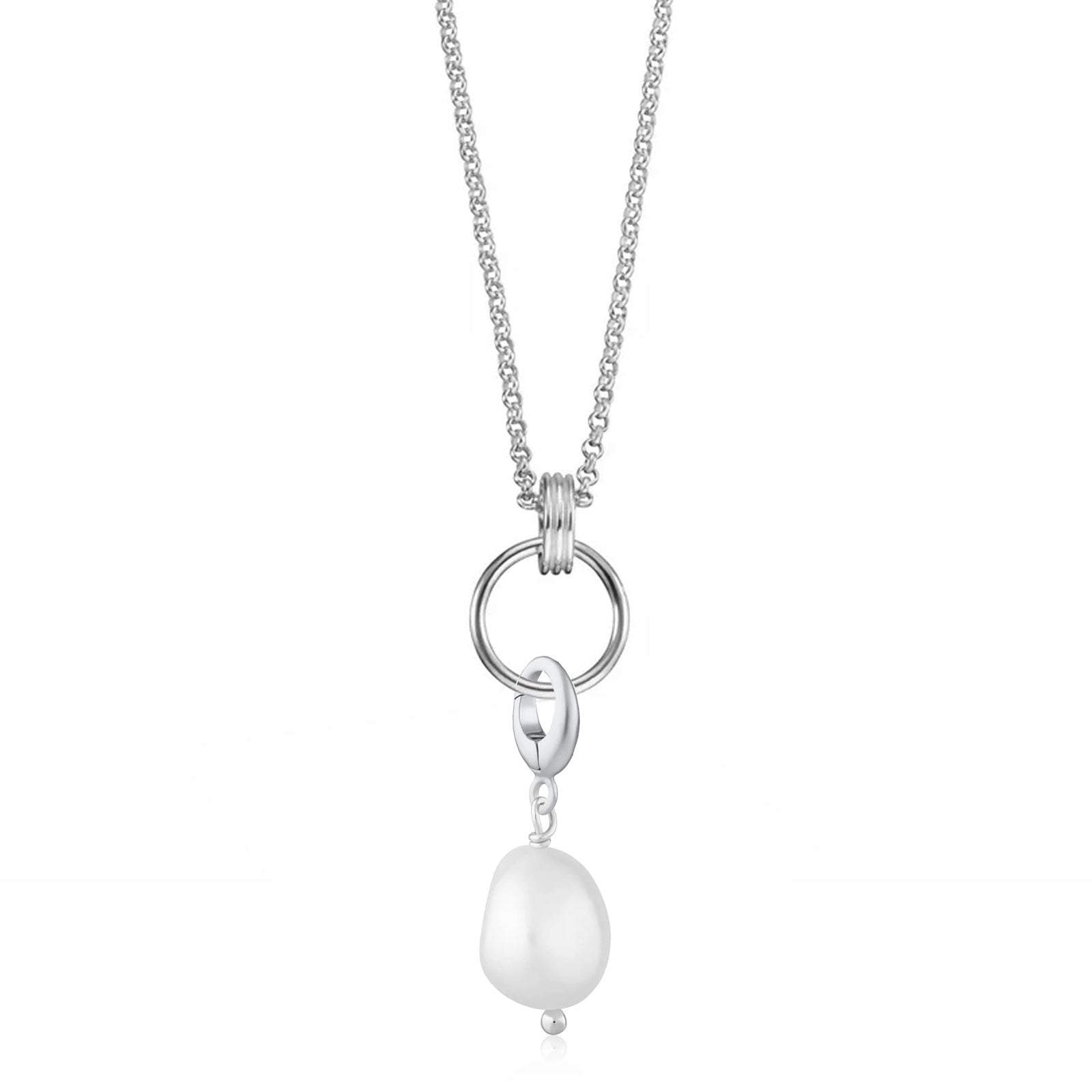 Silver necklace with a pearl pendant on a white background