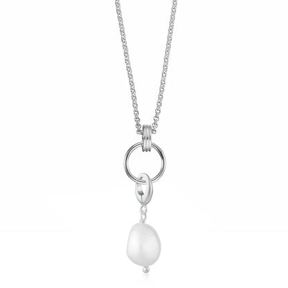 Silver necklace with a pearl pendant on a white background