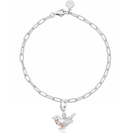 Silver chain bracelet with a bird charm on a white background