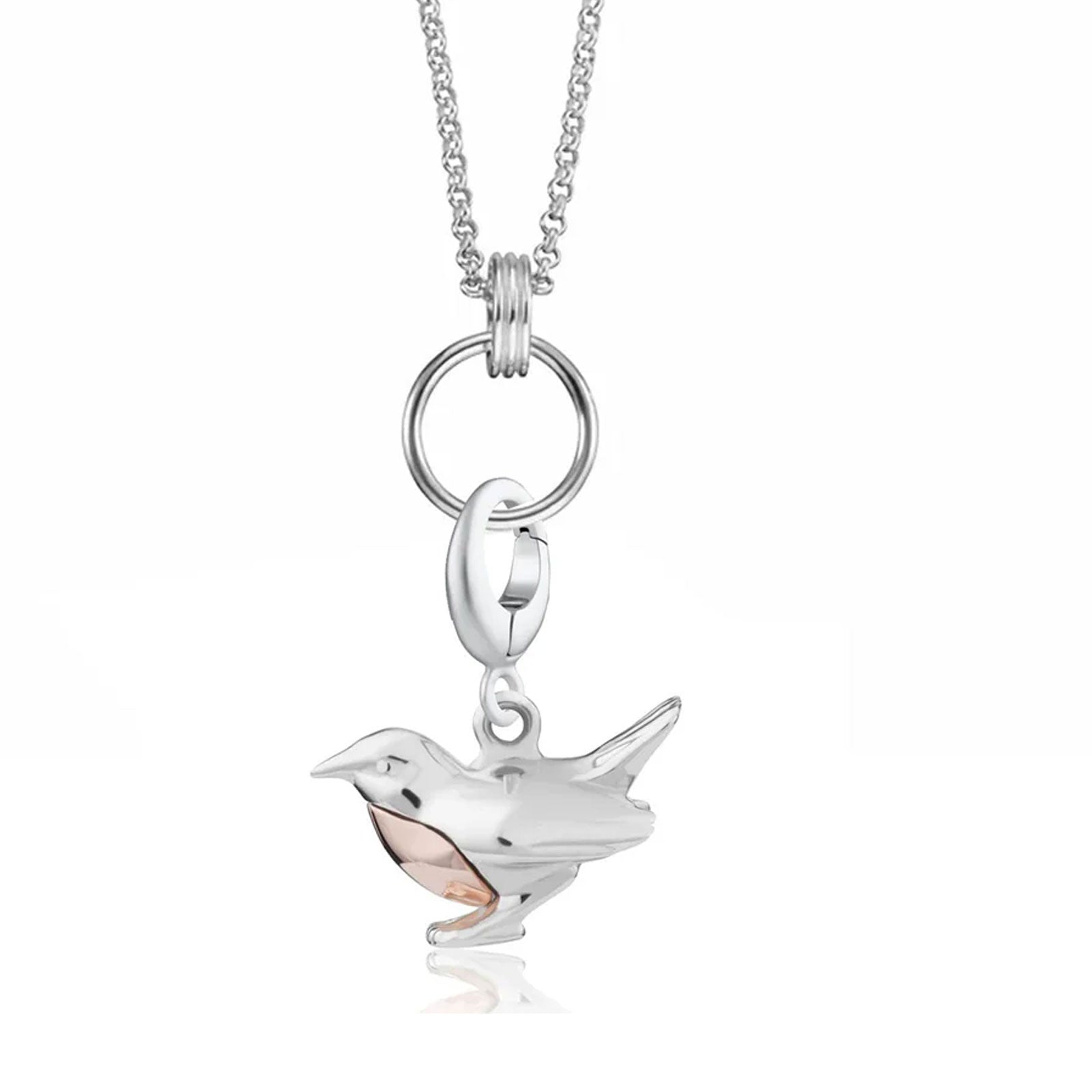 Silver necklace with a bird-shaped pendant on a white background