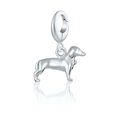 Silver dachshund charm on a white background