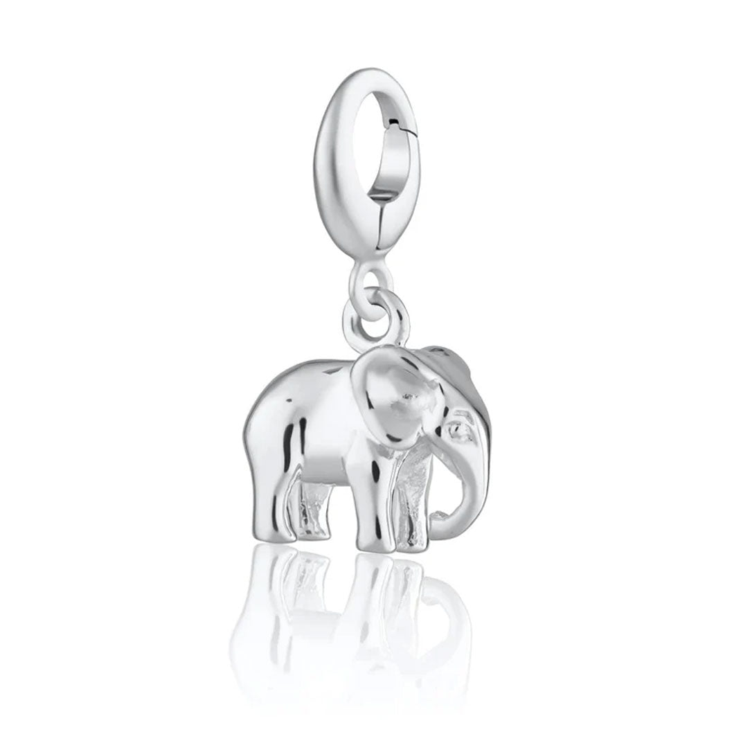 Silver elephant charm on a white background