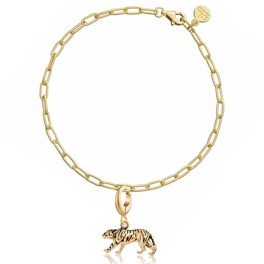 Gold chain bracelet with a tiger charm on a white background