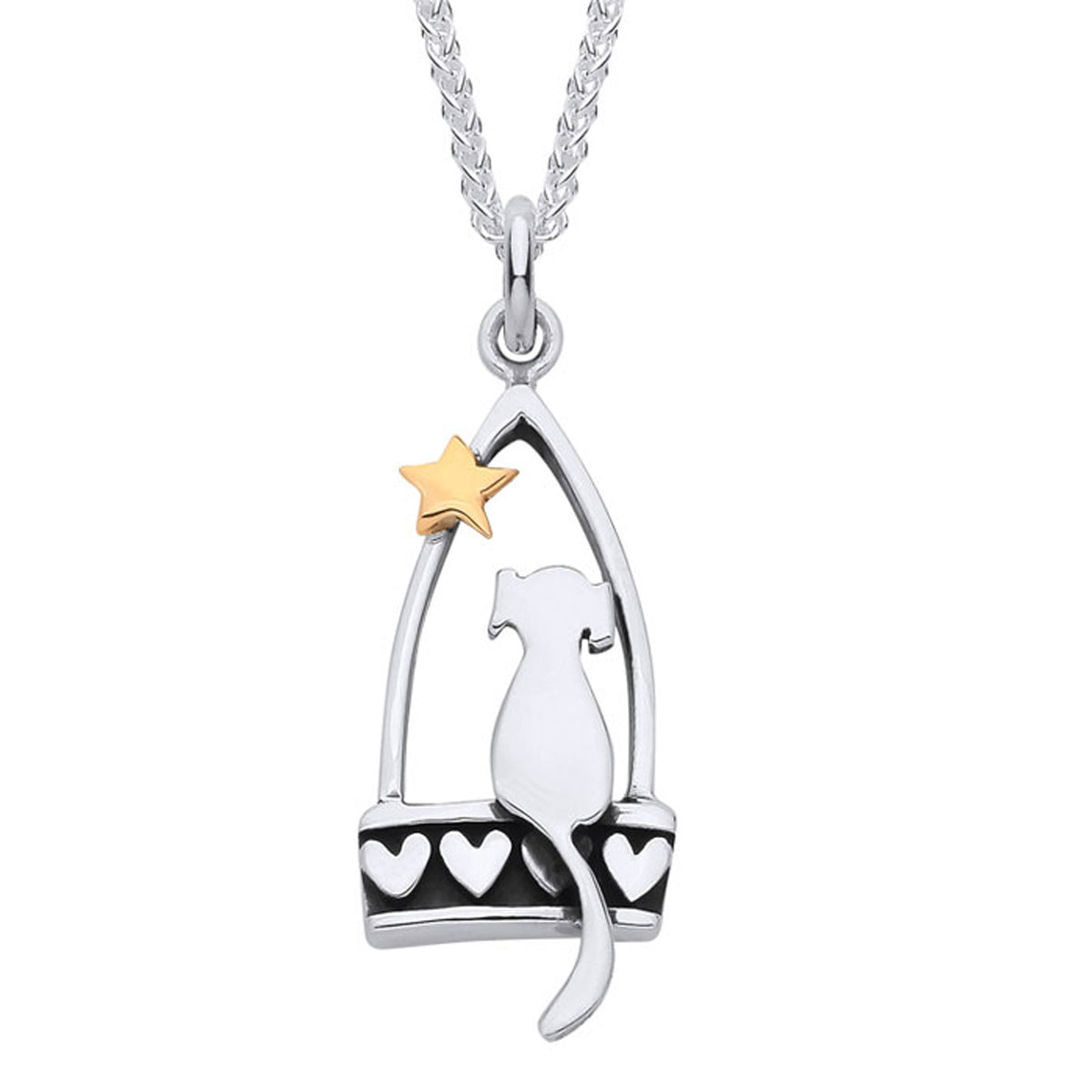 A silver pendant necklace featuring a stylized dog silhouette inside an arch, with a small gold star and heart details, shown on a white background.