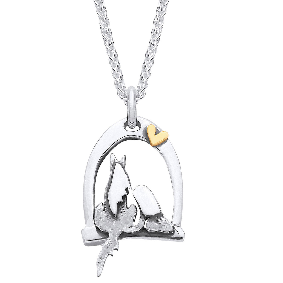 gorgeous pony and girl in stirrup, necklace, handmade in Scotland, on white background