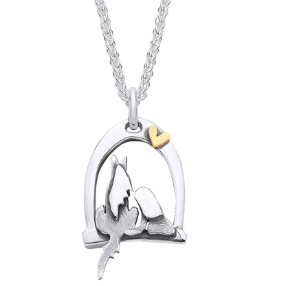 gorgeous pony and girl in stirrup, necklace, handmade in Scotland, on white background