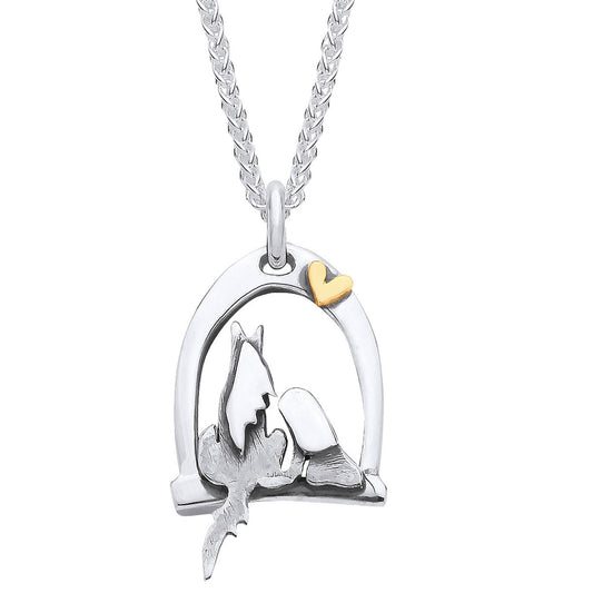 gorgeous pony and girl in stirrup, necklace, handmade in Scotland, on white background