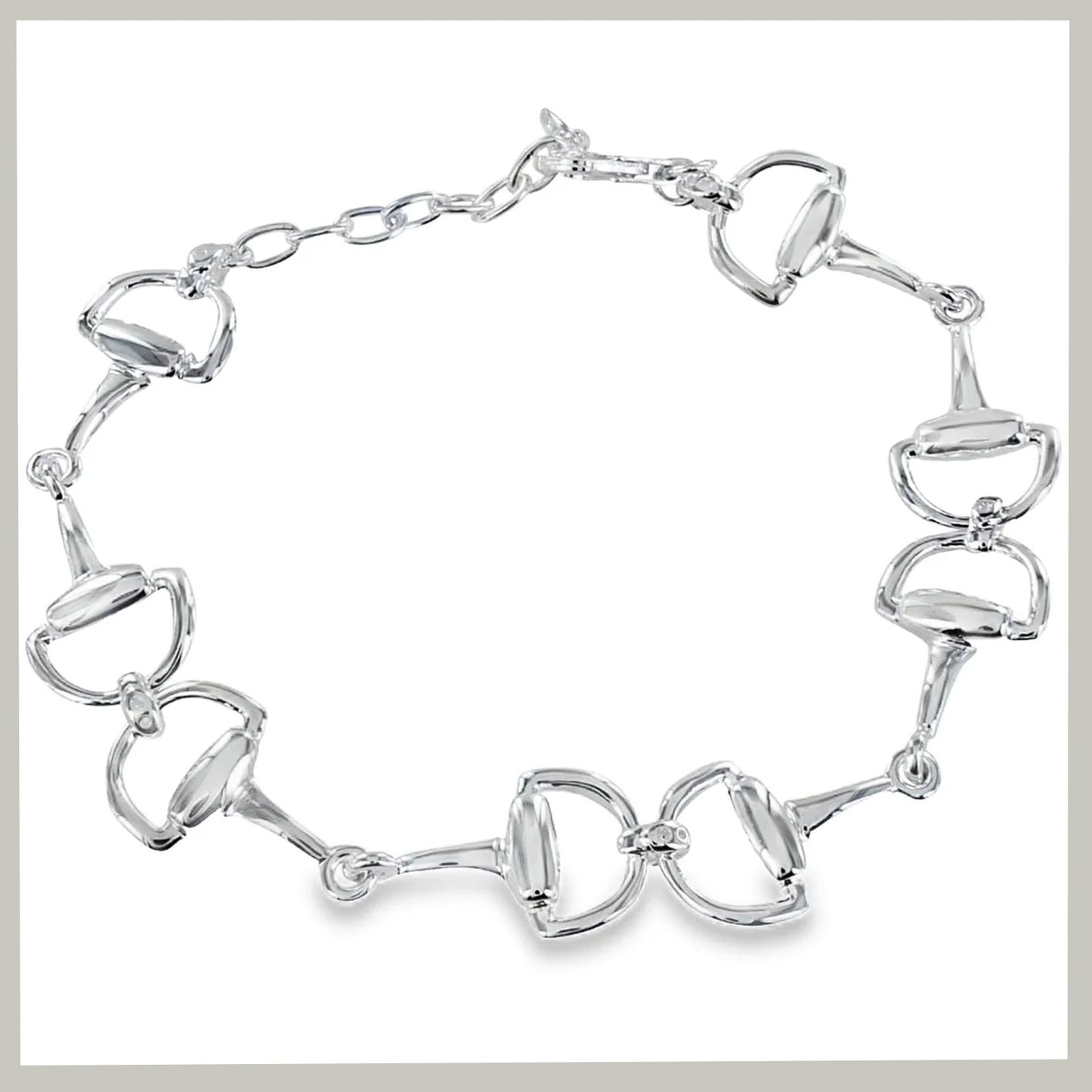 A silver horse-bit link bracelet arranged in a circle on a white background with a light gray border.