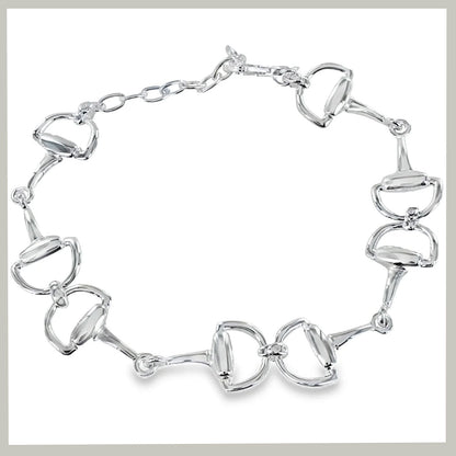 A silver horse-bit link bracelet arranged in a circle on a white background with a light gray border.