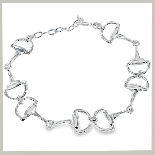 A silver horse-bit link bracelet arranged in a circle on a white background with a light gray border.