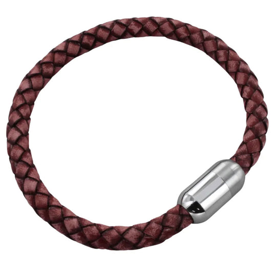 Red braided leather bracelet with a silver clasp on a white background