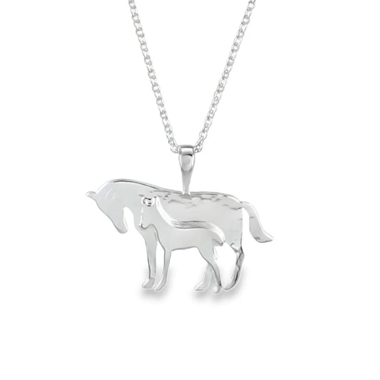 A silver horse pendant necklace on a delicate silver chain, shown against a plain white background.
