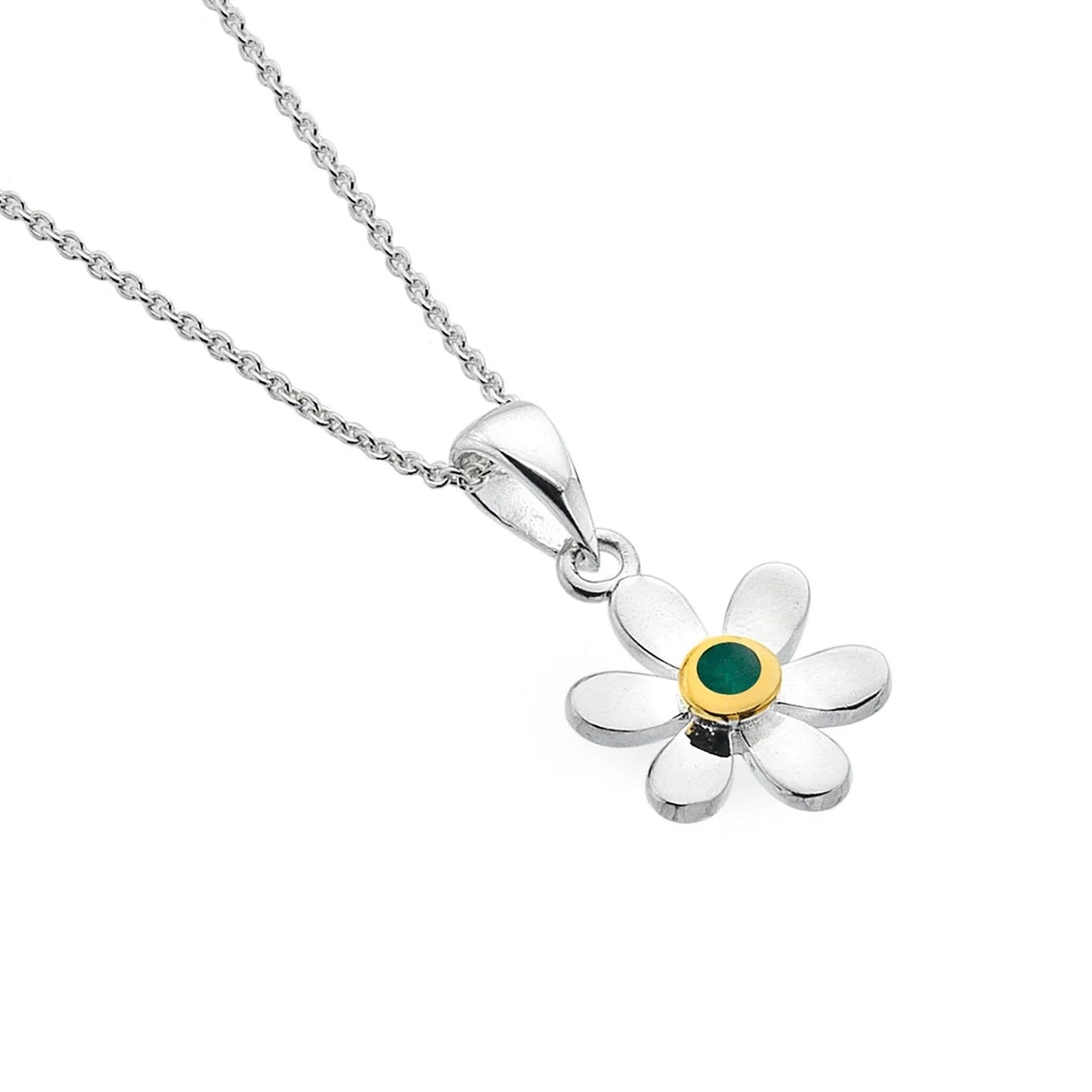 MAY Birthstone Emerald Daisy Sterling Silver Necklace - Cotswold Jewellery